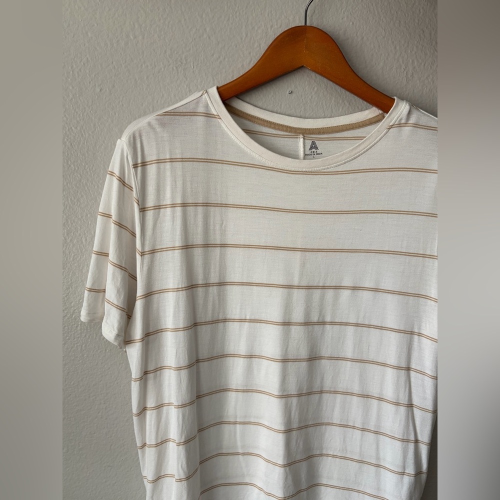 Able Clothing Made in India Ecovero Viscose Cream Brown Striped Tee Women Large - Picture 2 of 8